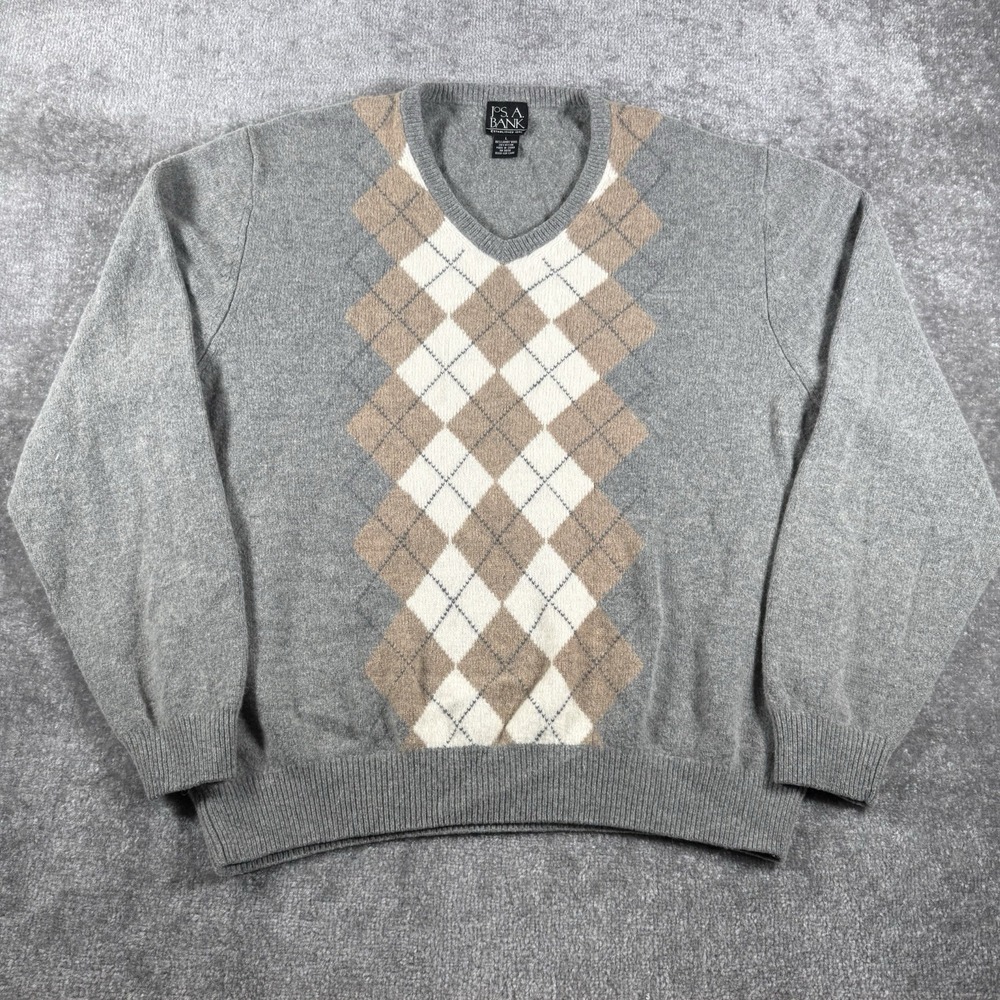 Jos A Bank Sweater Mens Large Gray Argyle Lambs Wool Blend V Neck Classic Preppy